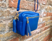 Small leather bag in dark cobalt blue. GENUINE leather shoulder or crossbody bag. Royal blue purse, adjustable strap and zipper.