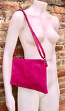 Small leather bag in Fuchsia pink. Cross body, shoulder bag or wristlet in GENUINE leather. Pink purse with adjustable strap. Soft leather.