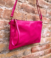 Small leather bag in Fuchsia pink. Cross body, shoulder bag or wristlet in GENUINE leather. Pink purse with adjustable strap. Soft leather.