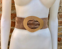 Light brown suede waist belt with large metal buckle. Soft suede belt in taupe color. Boho suede belt. Greyge genuine natural suede leather.