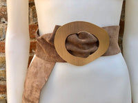 Light brown suede waist belt with large metal buckle. Soft suede belt in taupe color. Boho suede belt. Greyge genuine natural suede leather.