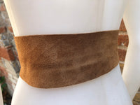 Camel brown suede waist belt with large metal buckle. Soft suede belt in light saddle brown. Boho suede belt. Genuine natural suede leather.