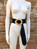 BLACK suede waist belt with large metal buckle. Soft suede belt in black genuine natural suede leather. Black and matte gold dress belt