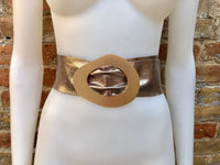 Bronze metallic leather waist belt with large metal buckle. Soft leather belt in bronze. Boho glitter genuine leather belt. Dark gold belt