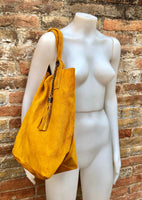 Mustard yellow leather shopper bag in genuine suede. Slouchy yellow carry all tote bag for laptops, tablets, books. Mustard SUEDE purse