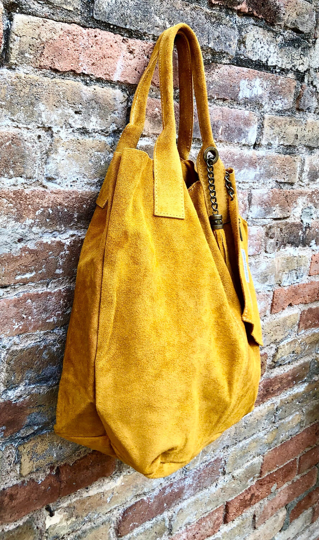 Mustard yellow leather shopper bag in genuine suede. Slouchy yellow carry all tote bag for laptops, tablets, books. Mustard leather purse
