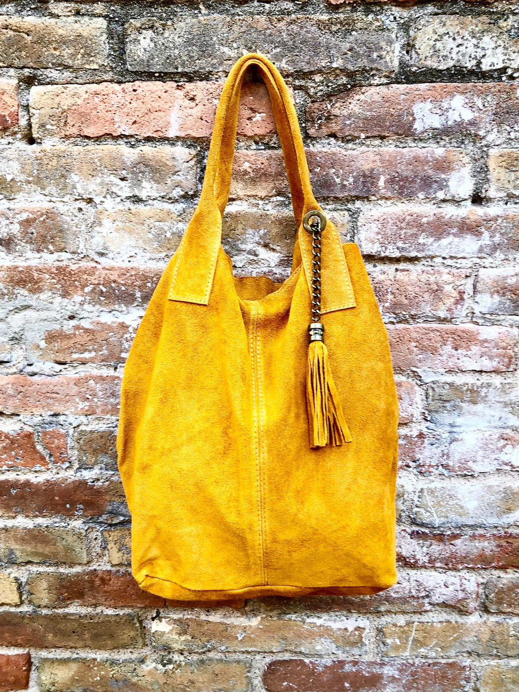 Mustard yellow leather shopper bag in genuine suede. Slouchy yellow carry all tote bag for laptops, tablets, books. Mustard leather purse