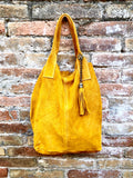 Mustard yellow leather shopper bag in genuine suede. Slouchy yellow carry all tote bag for laptops, tablets, books. Mustard leather purse