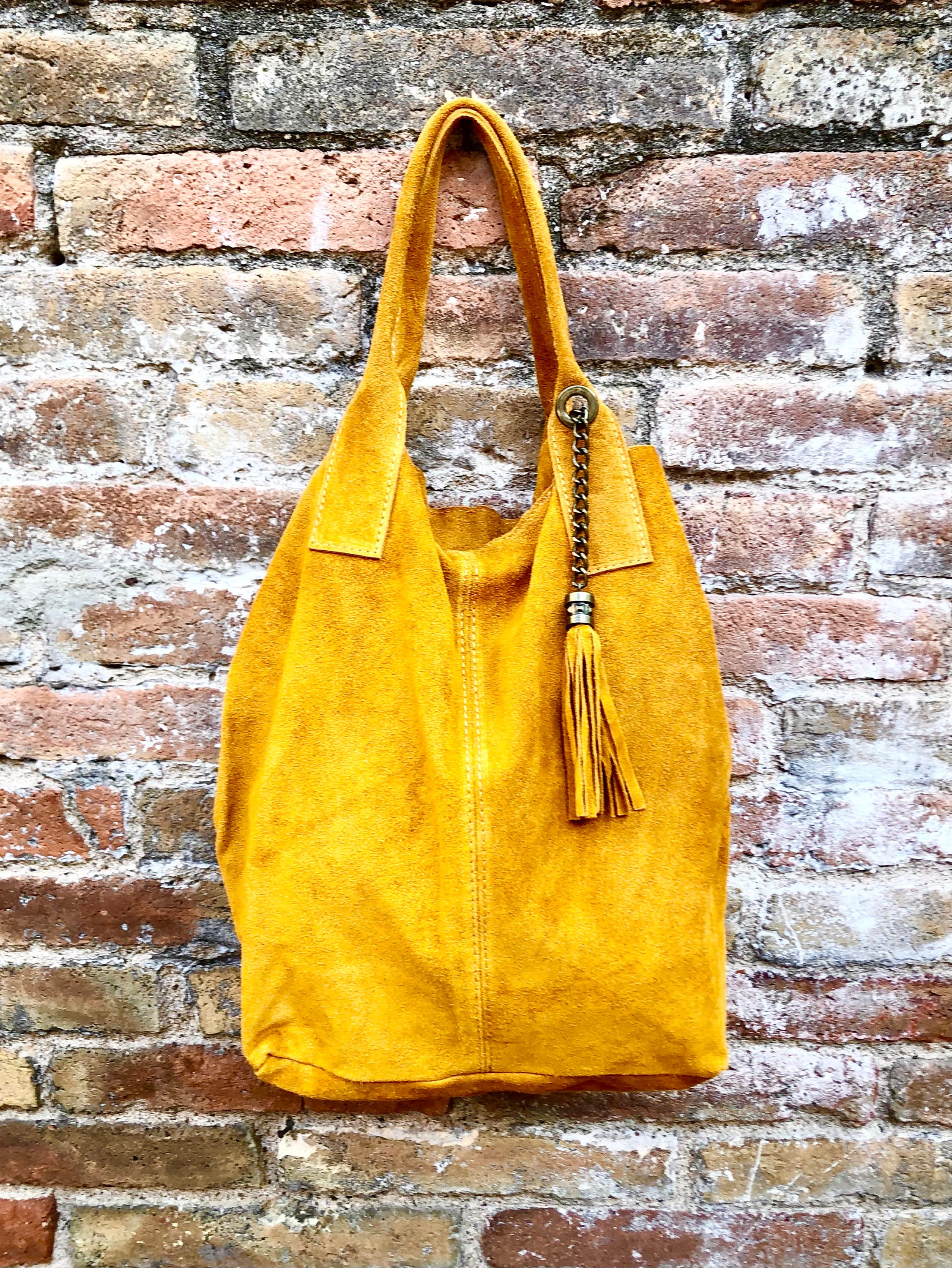 Mustard yellow leather shopper bag in genuine suede. Slouchy yellow carry all tote bag for laptops, tablets, books. Mustard leather purse