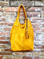 Mustard yellow leather shopper bag in genuine suede. Slouchy yellow carry all tote bag for laptops, tablets, books. Mustard SUEDE purse