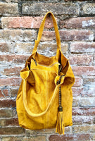 Mustard yellow leather shopper bag in genuine suede. Slouchy yellow carry all tote bag for laptops, tablets, books. Mustard SUEDE purse