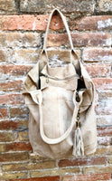 Beige leather shopper bag in genuine suede. Slouchy beige carry all tote bag for laptops, tablets, books. Suede leather purse with tassel