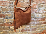 Cross body bag. BOHO suede leather bag in CAMEL brown with FRINGES. Messenger bag in soft genuine suede leather. Crossbody hippy bag