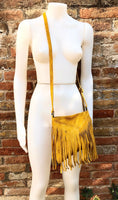 Cross body bag. BOHO suede leather bag in MUSTARD with FRINGES. Messenger bag in soft genuine suede leather. Yellow crossbody hippy bag