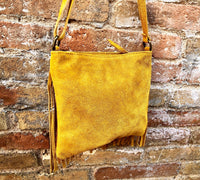 Cross body bag. BOHO suede leather bag in MUSTARD with FRINGES. Messenger bag in soft genuine suede leather. Yellow crossbody hippy bag