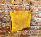 Cross body bag. BOHO suede leather bag in MUSTARD with FRINGES. Messenger bag in soft genuine suede leather. Yellow crossbody hippy bag