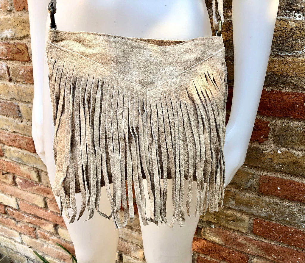 Cross body bag. BOHO suede leather bag in beige with FRINGES. Messenger bag in soft genuine suede leather. Crossbody hippy bag