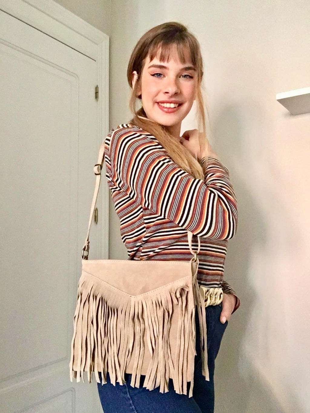Cross body bag. BOHO suede leather bag in beige with FRINGES. Messenger bag in soft genuine suede leather. Crossbody hippy bag