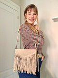 Cross body bag. BOHO suede leather bag in beige with FRINGES. Messenger bag in soft genuine suede leather. Crossbody hippy bag