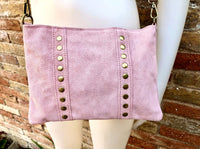 Crossbody bag. Light PINK boho suede leather purse with bronze color tacks Genuine suede leather messenger bag. Pink suede crossbody bag