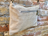 Crossbody bag. Light beige boho suede leather purse with bronze color tacks Genuine suede leather messenger bag. Cream beige crossbody bag