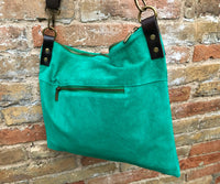 Crossbody bag. Suede leather bag in turquoise green. Soft genuine suede leather messenger bag. Crossbody bag for books, tablets. Brown strap