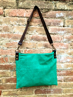 Crossbody bag. Suede leather bag in turquoise green. Soft genuine suede leather messenger bag. Crossbody bag for books, tablets. Brown strap