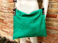 Crossbody bag. Suede leather bag in turquoise green. Soft genuine suede leather messenger bag. Crossbody bag for books, tablets. Brown strap