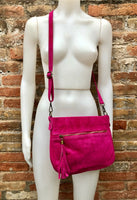 BOHO crossbody suede leather bag in fuchsia pink. Soft genuine leather purse with tassel. Hot pink suede messenger bag. Magenta suede bag