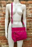 BOHO crossbody suede leather bag in fuchsia pink. Soft genuine leather purse with tassel. Hot pink suede messenger bag. Magenta suede bag