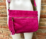 BOHO crossbody suede leather bag in fuchsia pink. Soft genuine leather purse with tassel. Hot pink suede messenger bag. Magenta suede bag