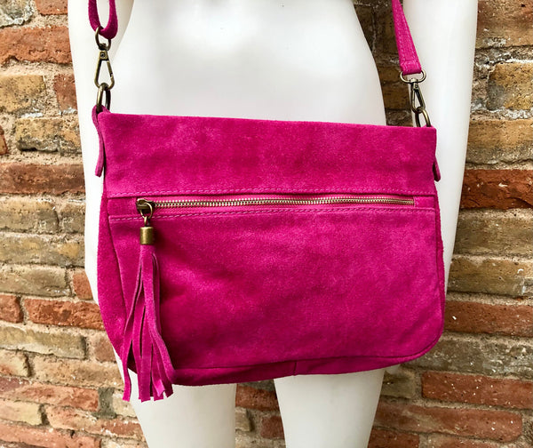 BOHO crossbody suede leather bag in fuchsia pink. Soft genuine leather purse with tassel. Hot pink suede messenger bag. Magenta suede bag