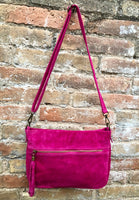BOHO crossbody suede leather bag in fuchsia pink. Soft genuine leather purse with tassel. Hot pink suede messenger bag. Magenta suede bag