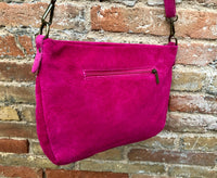 BOHO crossbody suede leather bag in fuchsia pink. Soft genuine leather purse with tassel. Hot pink suede messenger bag. Magenta suede bag