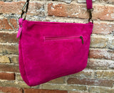 BOHO crossbody suede leather bag in fuchsia pink. Soft genuine leather purse with tassel. Hot pink suede messenger bag. Magenta suede bag