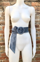 Denim blue suede waist belt with large round buckle. Soft suede belt in blue- gray color. Boho suede belt. Genuine natural suede leather