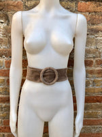 Light brown suede waist belt with large round buckle. Soft suede belt in taupe color. Boho suede belt. Greyge genuine natural suede leather.