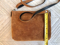 Suede leather bag in CAMEL brown. Cross body bag, shoulder bag in GENUINE leather. Small leather purse in saddle brown suede