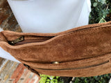 Camel brown cross body bag in genuine SUEDE leather. BOHO purse in saddle brown. Soft natural suede leather bag with zipper. Brown messenger