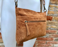 Camel brown cross body bag in genuine SUEDE leather. BOHO purse in saddle brown. Soft natural suede leather bag with zipper. Brown messenger