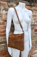 Camel brown cross body bag in genuine SUEDE leather. BOHO purse in saddle brown. Soft natural suede leather bag with zipper. Brown messenger