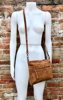 Camel brown cross body bag in genuine SUEDE leather. BOHO purse in saddle brown. Soft natural suede leather bag with zipper. Brown messenger