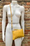 Small leather bag in mustard YELLOW with extra guitar strap. GENUINE leather cross body bag. Yellow purse with zipper and decorative buckle