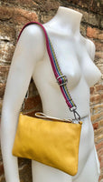 Small leather bag in mustard YELLOW with extra guitar strap. GENUINE leather cross body bag. Yellow purse with zipper and decorative buckle