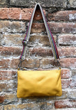 Small leather bag in mustard YELLOW with extra guitar strap. GENUINE leather cross body bag. Yellow purse with zipper and decorative buckle