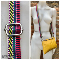 Small leather bag in mustard YELLOW with extra guitar strap. GENUINE leather cross body bag. Yellow purse with zipper and decorative buckle