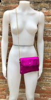 Small leather bag in metallic pink. Fuchsia crossbody or shoulder bag in GENUINE leather. Hot pink purse with metallic chain strap in gold