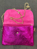 Small leather bag in metallic pink. Fuchsia crossbody or shoulder bag in GENUINE leather. Hot pink purse with metallic chain strap in gold