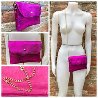 Small leather bag in metallic pink. Fuchsia crossbody or shoulder bag in GENUINE leather. Hot pink purse with metallic chain strap in gold