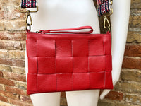 Small leather bag in RED. 2 straps: embroidered + 1 leather. GENUINE leather cross body / shoulder bag. Red purse with zipper and wistlet.